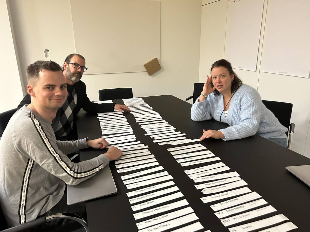 GlücksPost-Chefredaktor Dominik Hug beim Erstellen des Rankings 2023 mit Unterhaltungs-Chef Remo Bernet (l.) und Aurelia Robles, stv. Chefredaktorin.