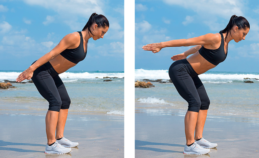 Übung 3: Trainiert den Trizeps, stärkt die Rückenstrecker-Muskeln: Hüftbreiter Stand, Knie leicht beugen, Oberkörper nach vorne neigen. Die Arme nach hinten strecken, Hand­flächen zeigen zum Körper. Arme heben und wieder  senken. 12-mal.