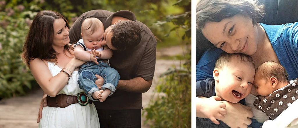 Baby Ben kam mit dem Down-Syndrom zur Welt. Die Eltern sagen, seine Behinderung habe sie noch mehr zusammengeschweisst. Rechts: Die Mama glücklich mit ihren beiden Kindern Ben und Baby Ellie.