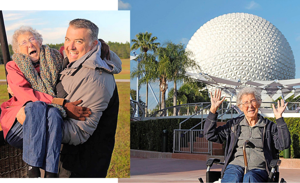 Links: Gleich geht die Fahrt los im Heissluftballon. Rechts: Die Rentnerin besuchte auch das Epcotcenter, ein Vergnügungspark im Walt Disney World Resort in Florida.