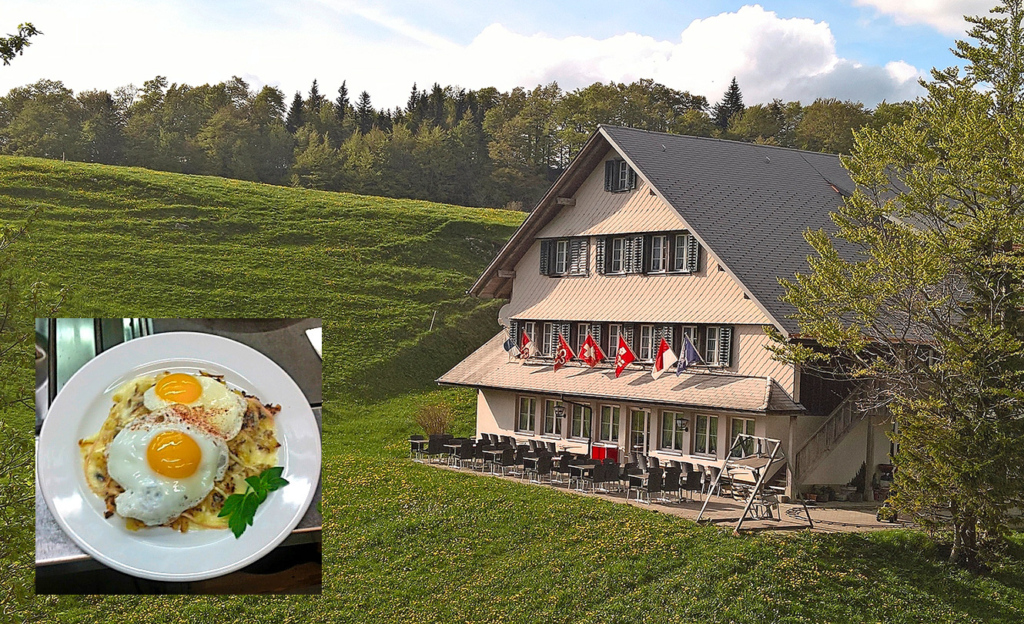 Bei sonnigem Wetter können die Gäste die währschafte Sennhaus-Rösti (kl. Bild unten) auf der schönen Terrasse mit Blick ins Grüne geniessen.